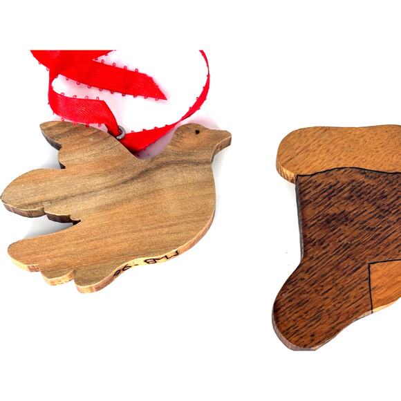 Vintage Wood Christmas Tree Ornaments Dove and Stocking with Red Ribbon Hangers - Picture 4 of 7